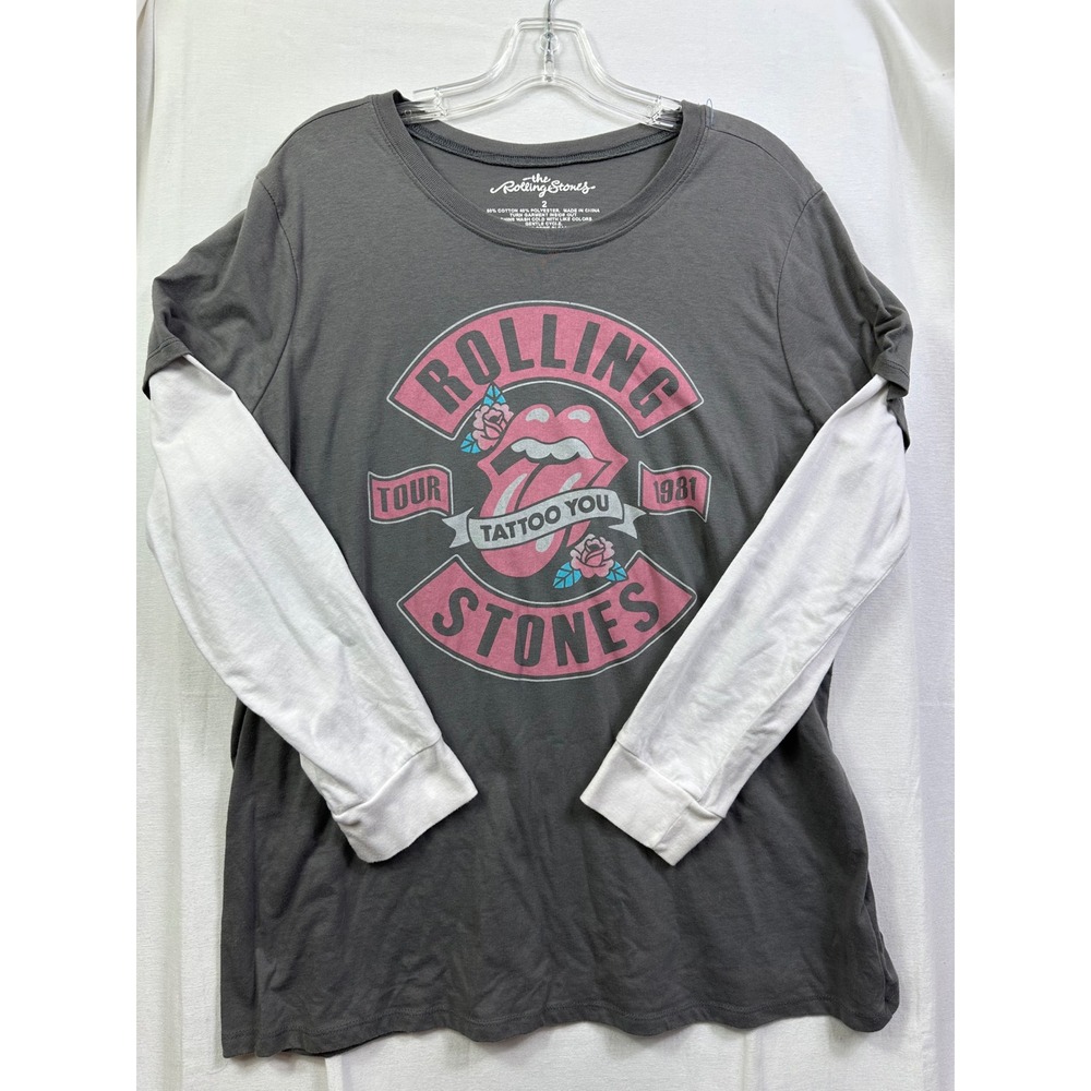 The Rolling Stones Tattoo You 1981 Tour Layered Long Sleeve T Shirt Gray Pink  L